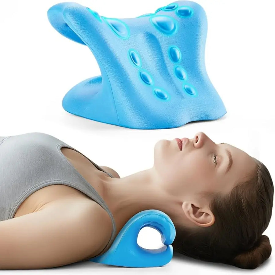Woman using the 5-Minute Neck Reset traction pillow while lying down