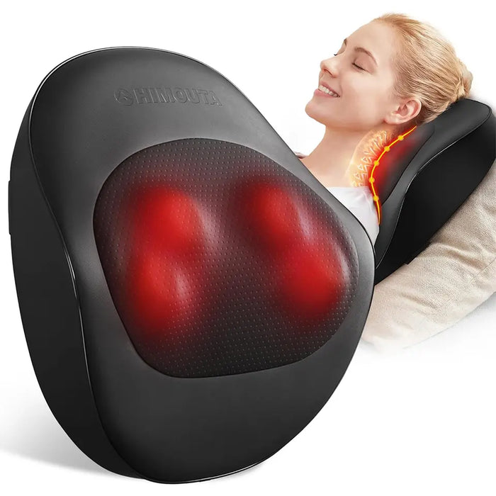 Woman relaxing with the shiatsu neck and shoulder massager with heat
