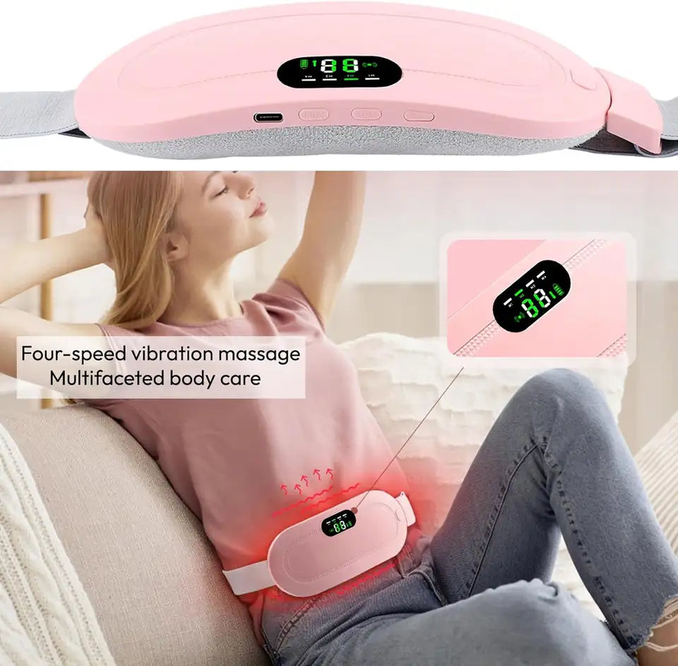 Person relaxing on couch using the cordless heating and vibration waist wrap