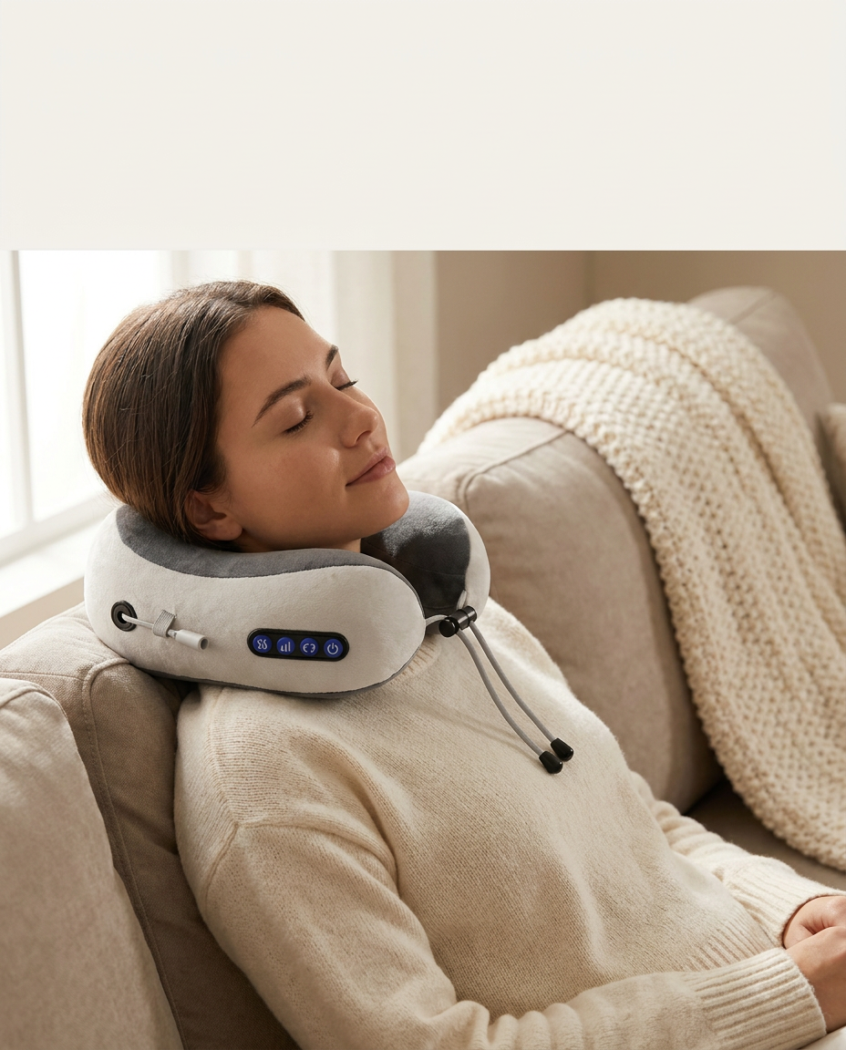 Person relaxing on a couch wearing the Unwind heated neck massager